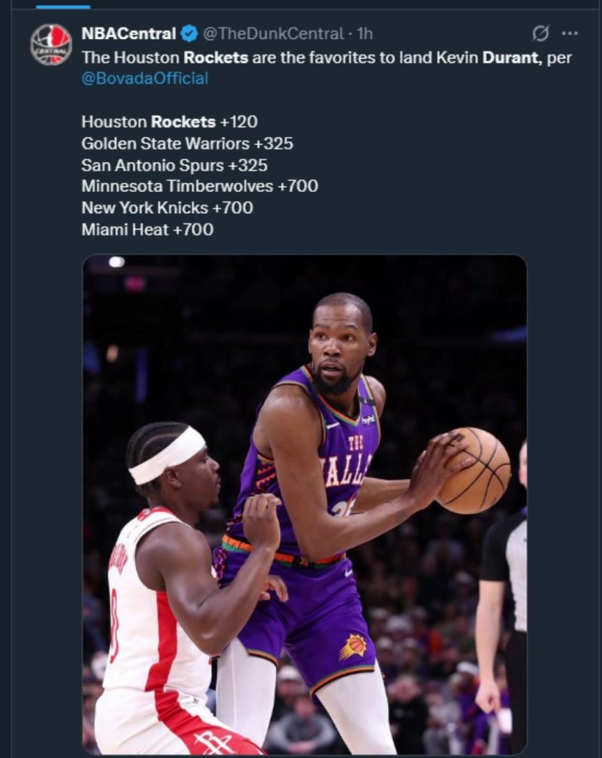 難道說？美媒曬杜蘭特下家賠率，火箭大幅度領(lǐng)跑！